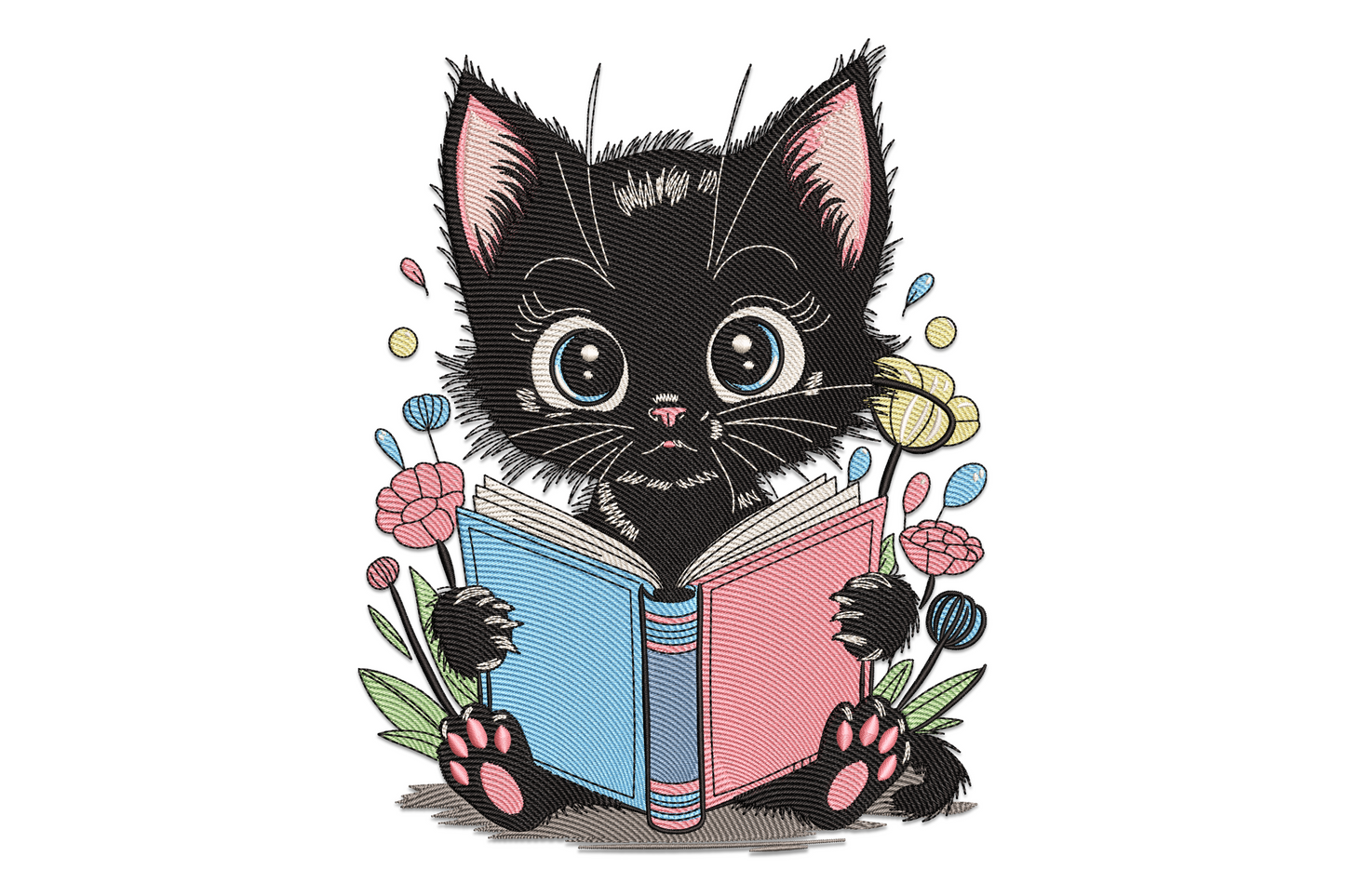 Small fluffy black kitten embroidery holding an open book in both paws, pastel flowers and round balloon decorations around the base, machine embroidery design on white background