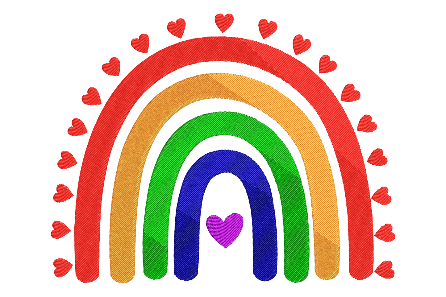 Boho rainbow embroidery with red, orange, green and blue arches, purple heart at base, red heart border ring, bold nursery design.