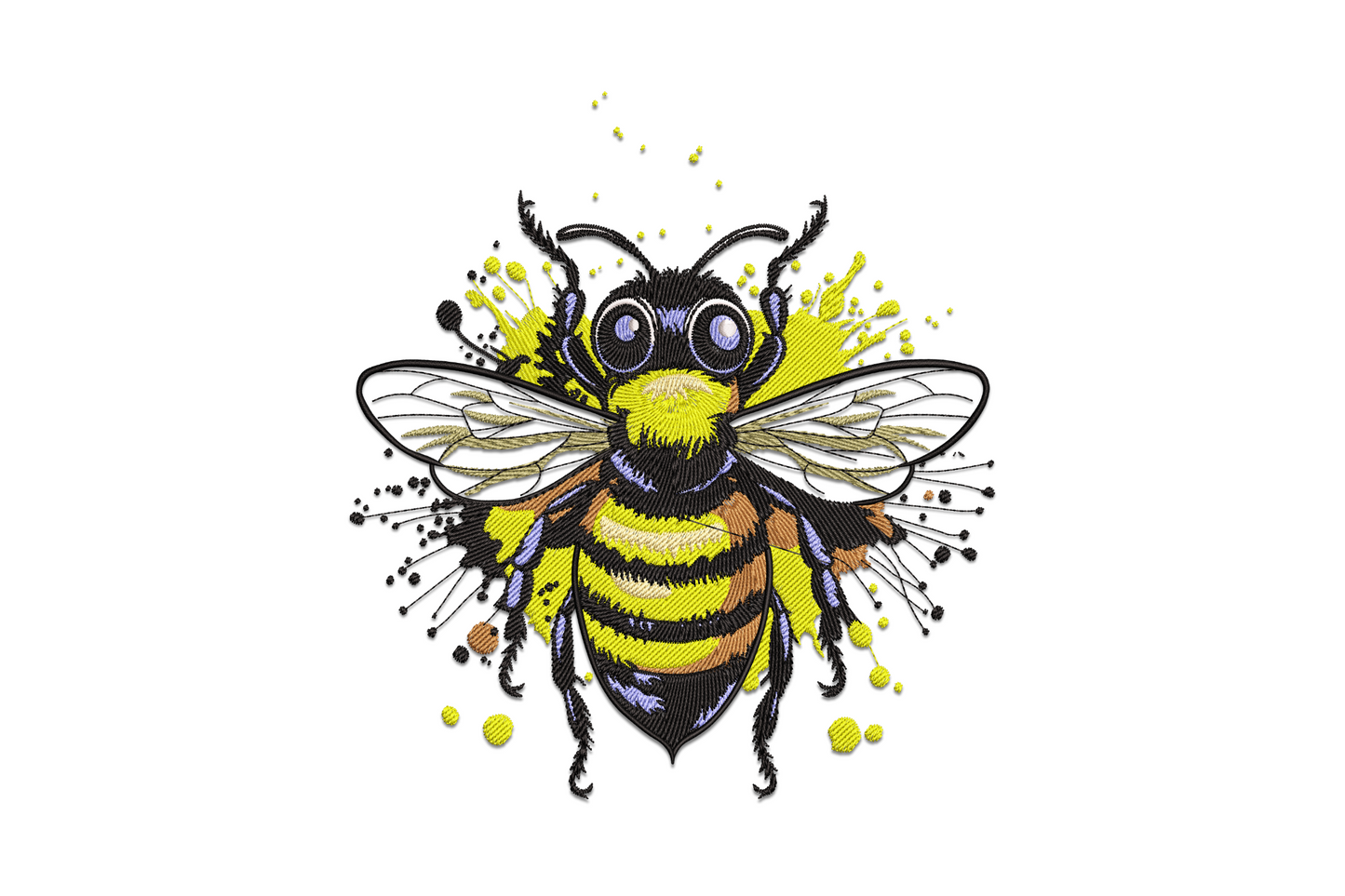 Detailed bumblebee embroidery, yellow black striped body, ink splatter accents, oversized compound eyes.