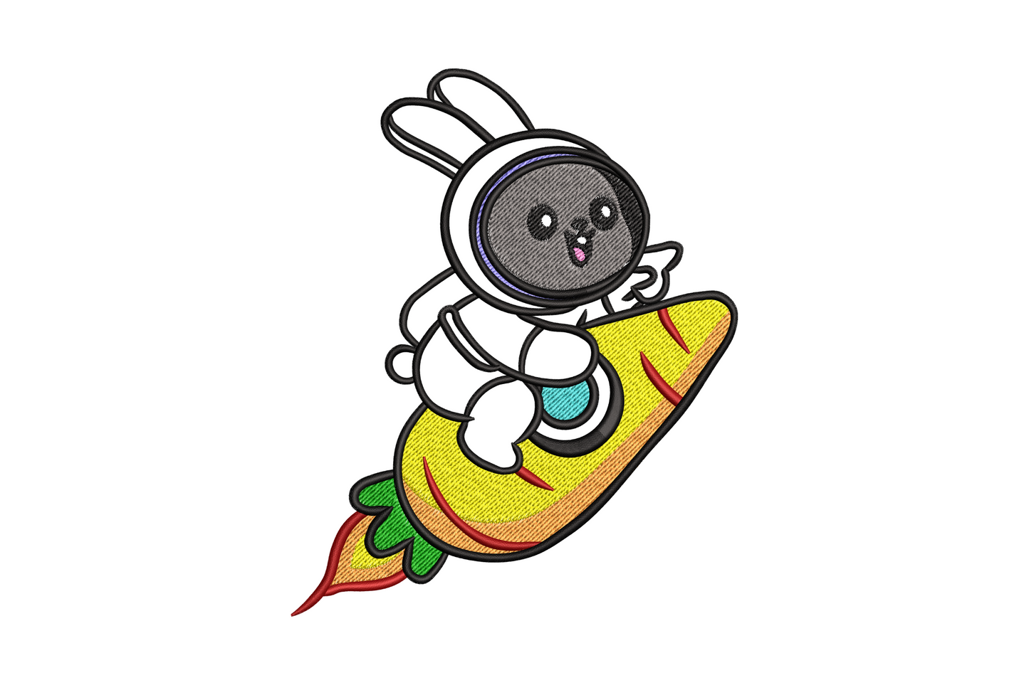 Bunny astronaut riding a carrot rocket embroidery design with white space suit, orange carrot, and yellow flame.