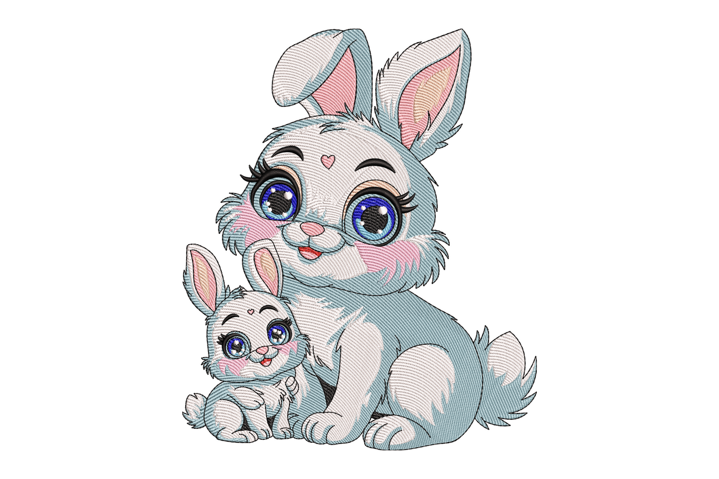 Kawaii bunny mom and baby embroidery, blue-grey rabbits with sparkle blue eyes, pink cheeks and red heart on mama's forehead.