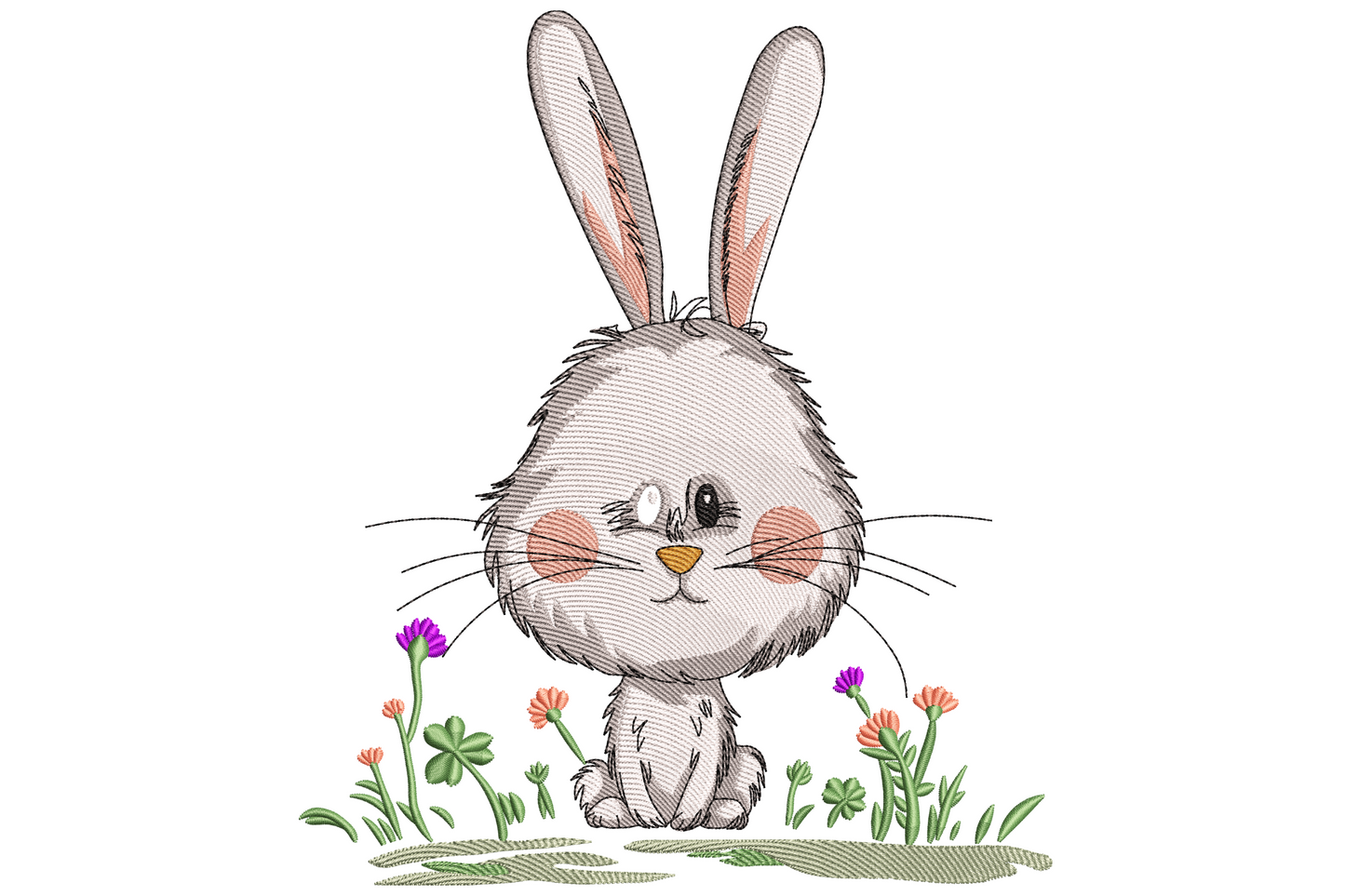 Soft cartoon bunny sitting upright in small garden patch holding flower, surrounded by daisies and tulips, pastel pink mint cream embroidery design