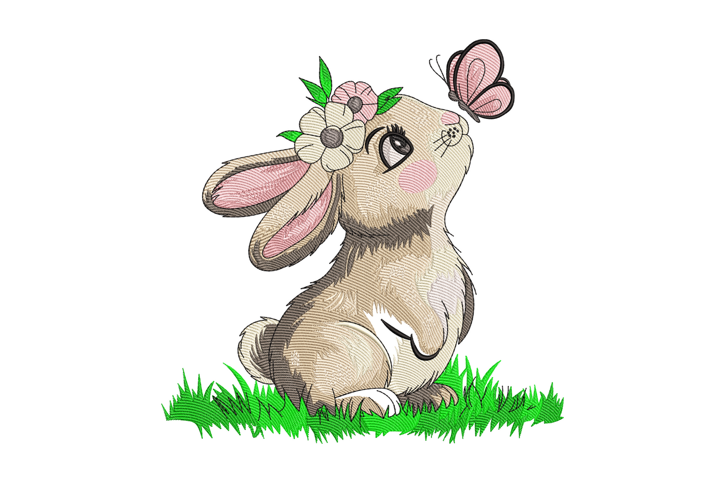 Cute bunny with butterfly machine embroidery design, plump cream rabbit with orange monarch butterfly on nose, fifteen colours, cartoon style on white background.