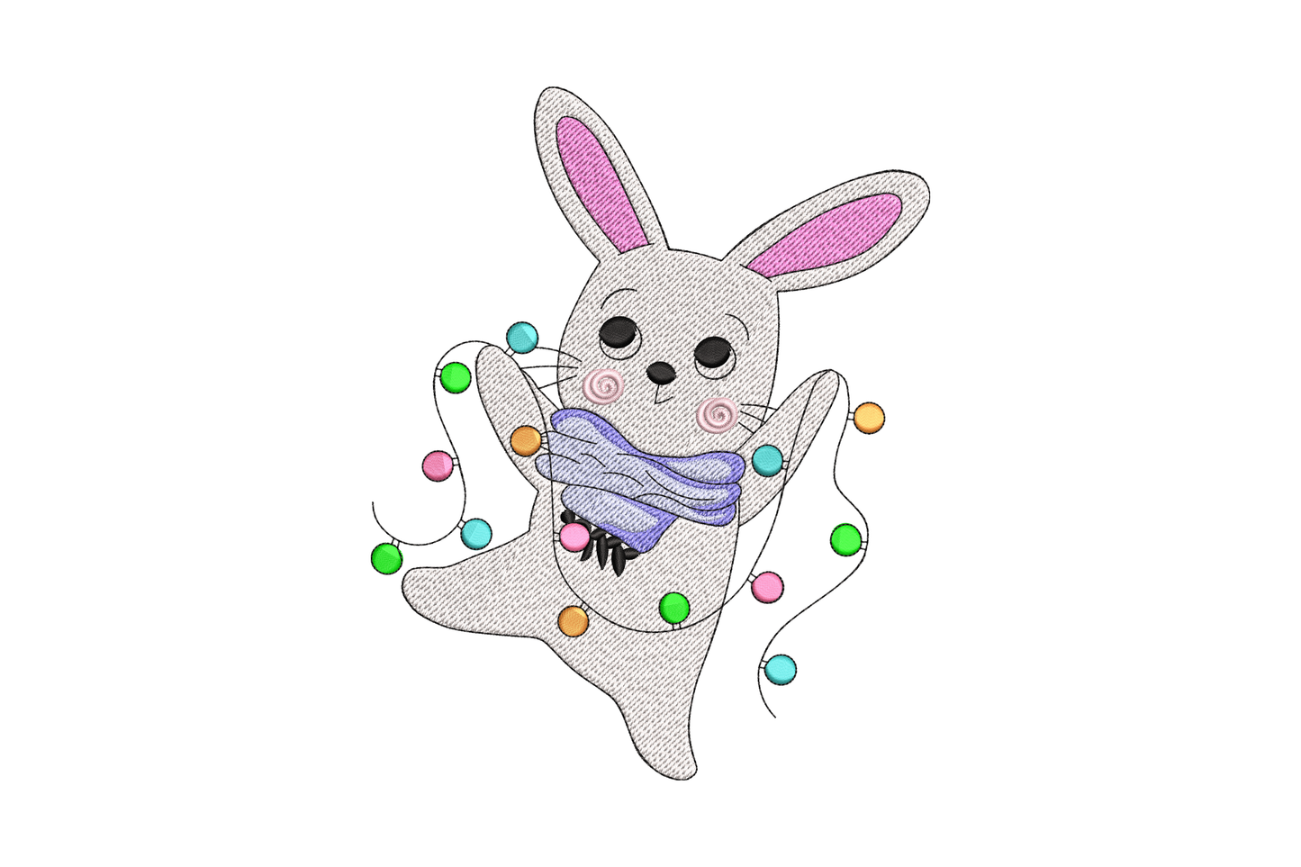 Ghost-shaped grey bunny with pink ears and blue scarf surrounded by multicolour Christmas lights, cute festive embroidery design