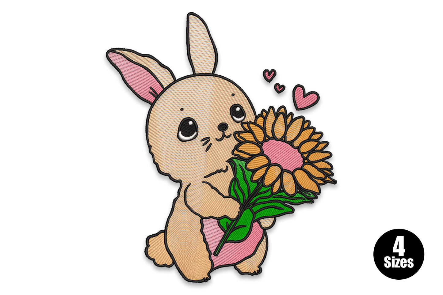 Cute kawaii bunny embroidery design holding a sunflower with floating hearts, soft peach and pink tones, cartoon style with black outlines, 8 thread colours.