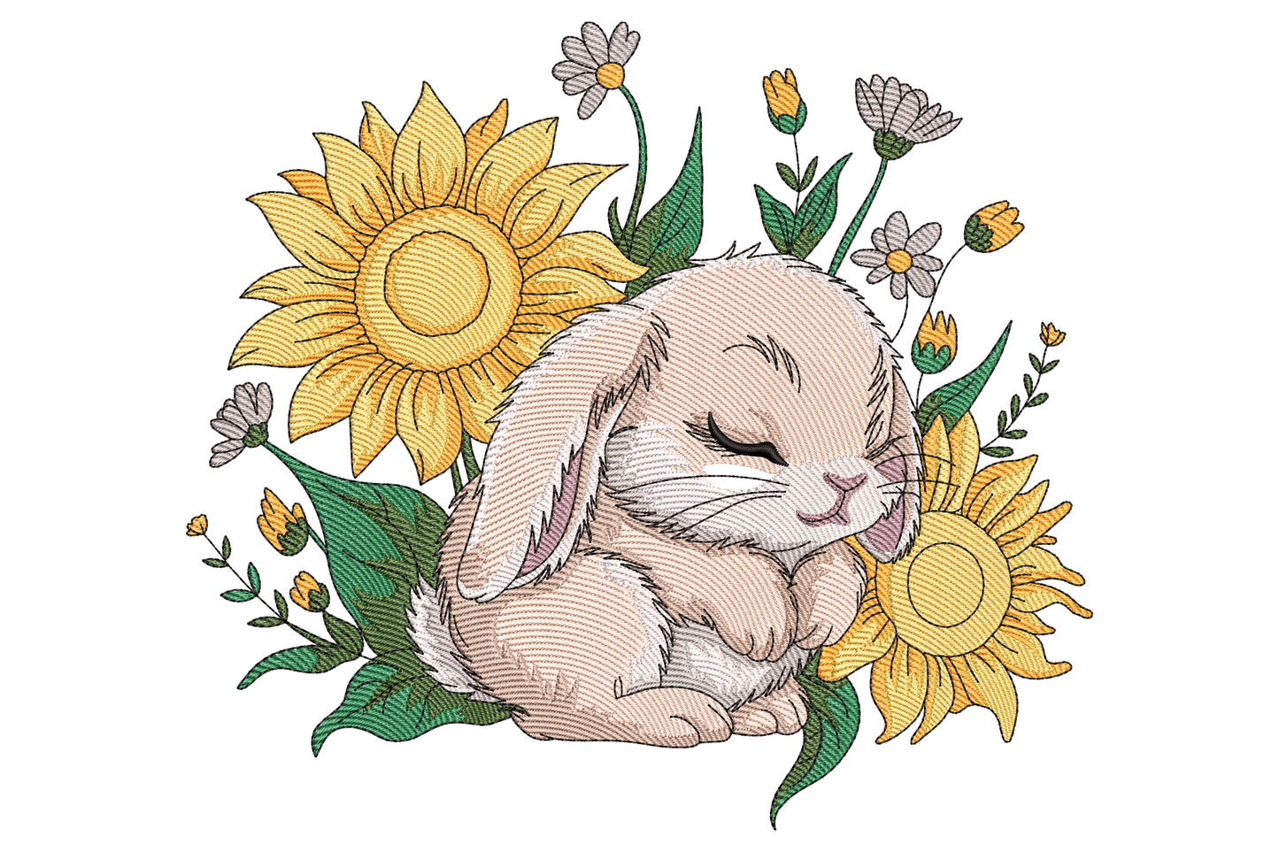 Sleeping cream bunny curled up with golden sunflowers daisies and sage leaves embroidery, soft watercolour cottagecore style