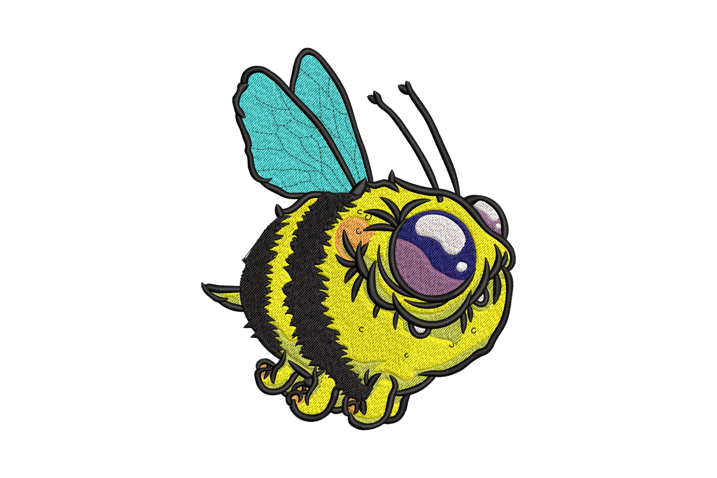 Cute cartoon kawaii bumblebee embroidery design with giant eye, teal wings, yellow and black striped body, 9 color machine embroidery