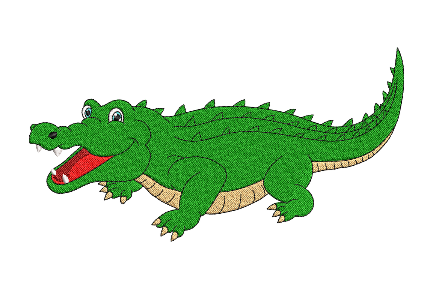 Cute cartoon crocodile embroidery design, chubby smiling croc in kelly green with ivory teeth row and black outline on white onesie fabric.