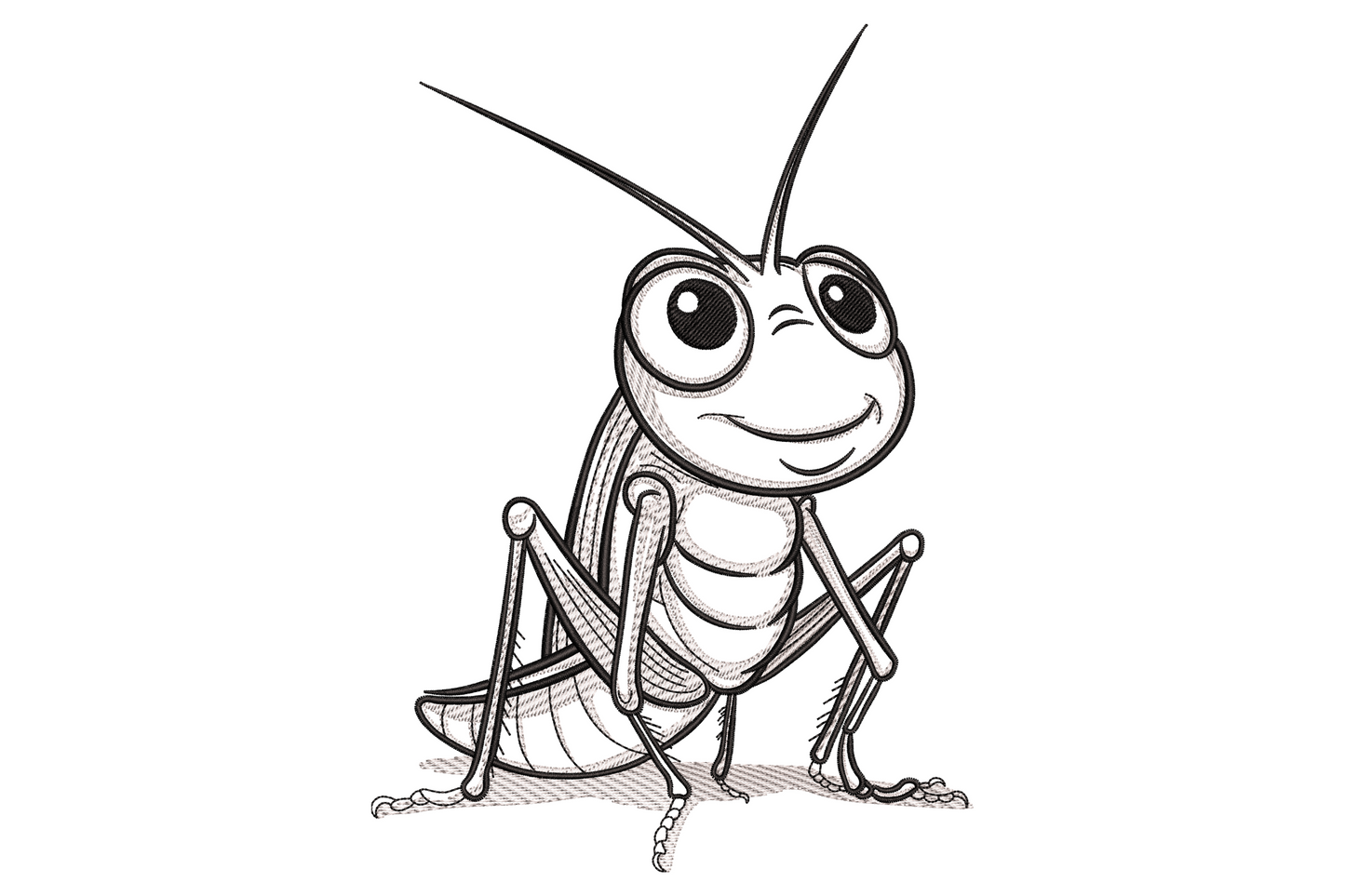 Cute cartoon grasshopper embroidery design with big round eyes, wide grin and segmented dark green body, 9 sizes on white background.