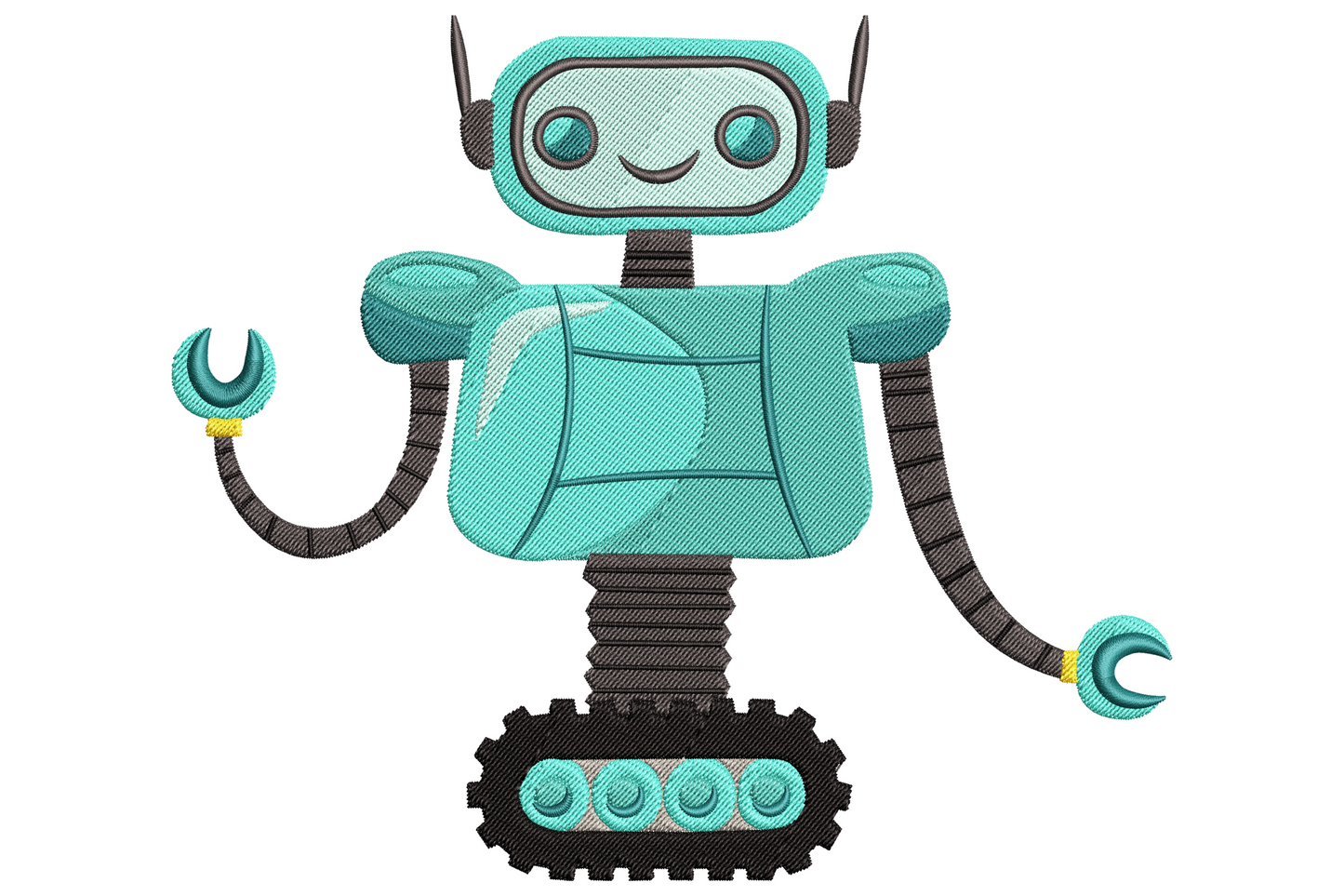 Cute cartoon robot embroidery design with boxy silver body, blue chest panels, yellow buttons, red antenna tip, bold black outlines on white background.