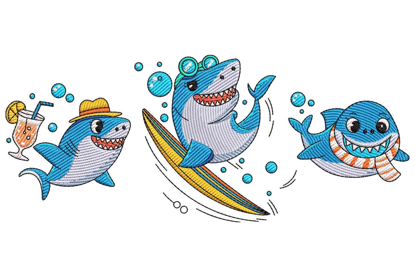 Three cute cartoon sharks embroidery, one with cocktail and sun hat, one surfing with goggles, one with orange life ring