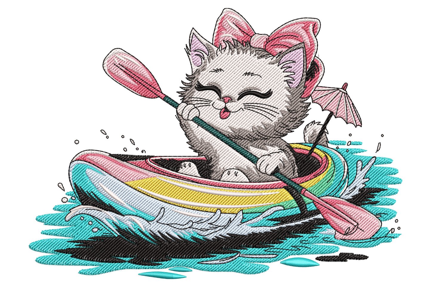 Cute cat kayaking embroidery design with grey kitten in rainbow stripe kayak paddling through teal water with pink bow.