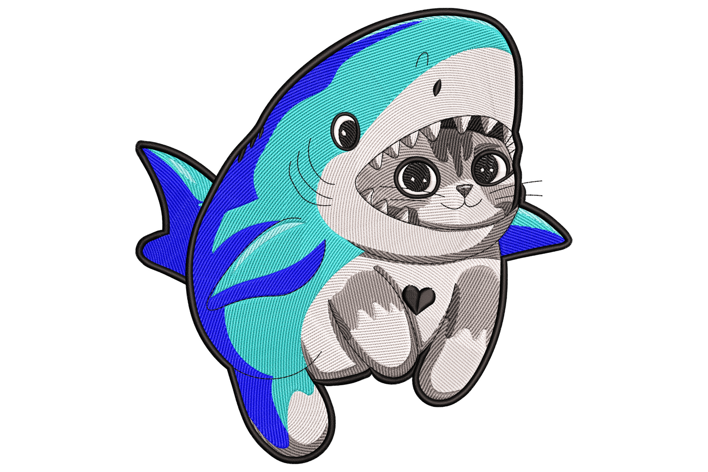 Cute grey tabby kitten in a blue shark hoodie costume, toothy shark mouth around the cats face, kawaii cartoon