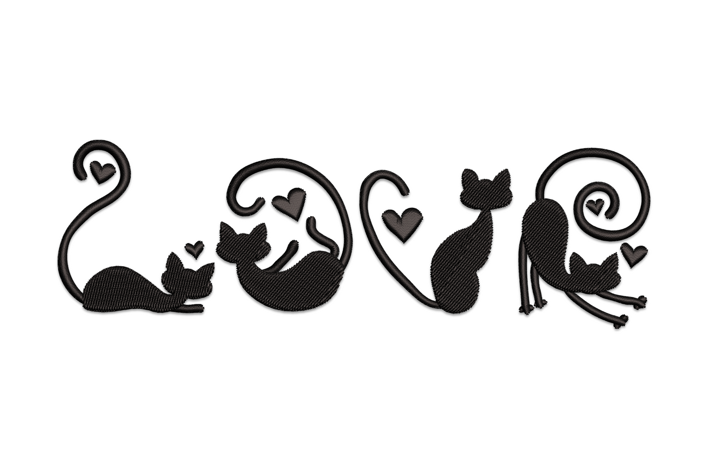 Cute cat silhouette love embroidery design, solid sitting cat with heart accent above head, simple single colour style