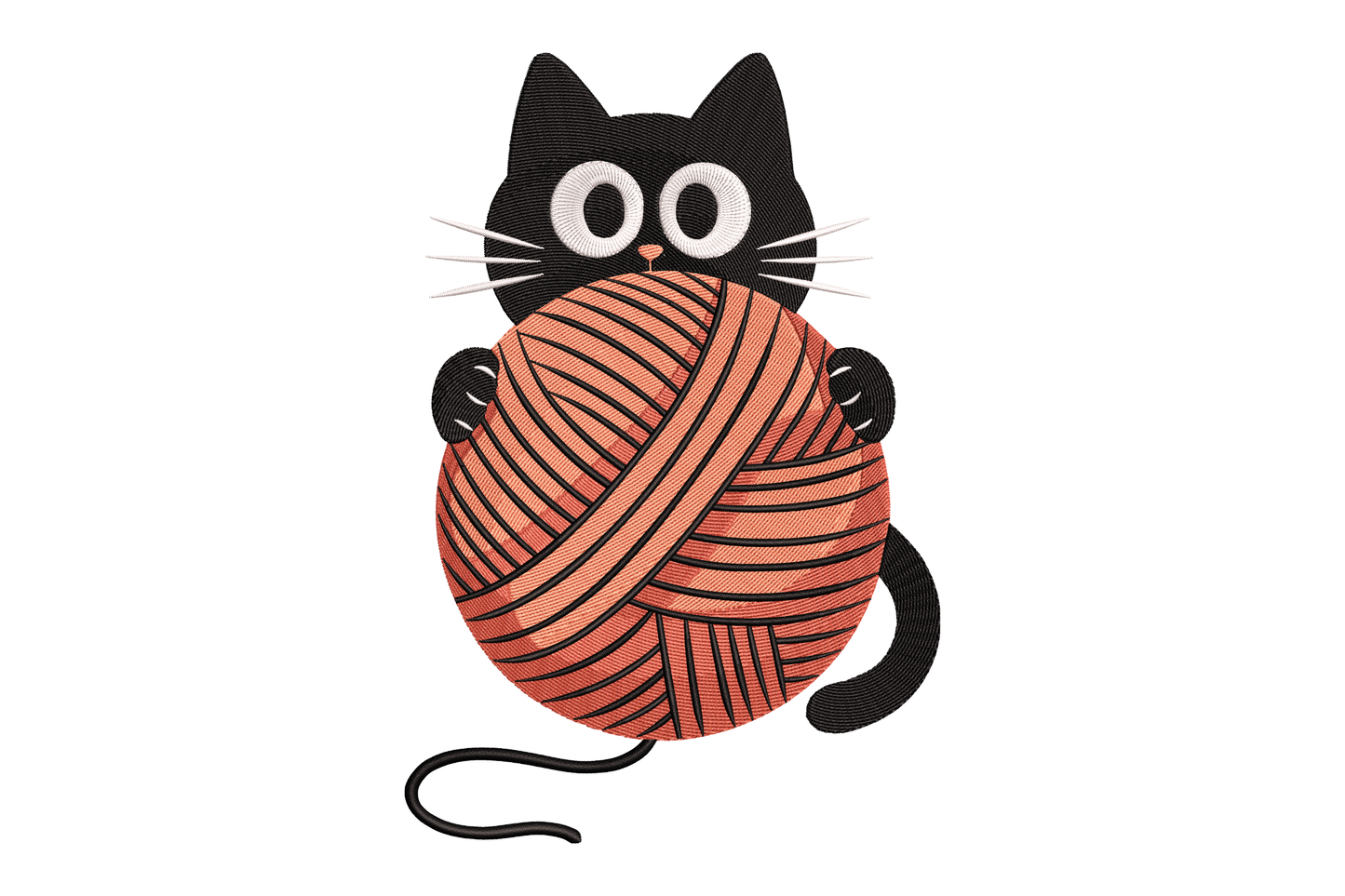 Illustration of a black cat holding a ball of yarn on a white background