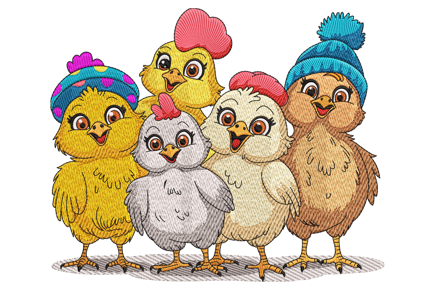 Machine embroidery design of cute baby chick friends grouped together, fluffy butter-yellow cartoon style with grass accents, 9 sizes up to 7.50 inches
