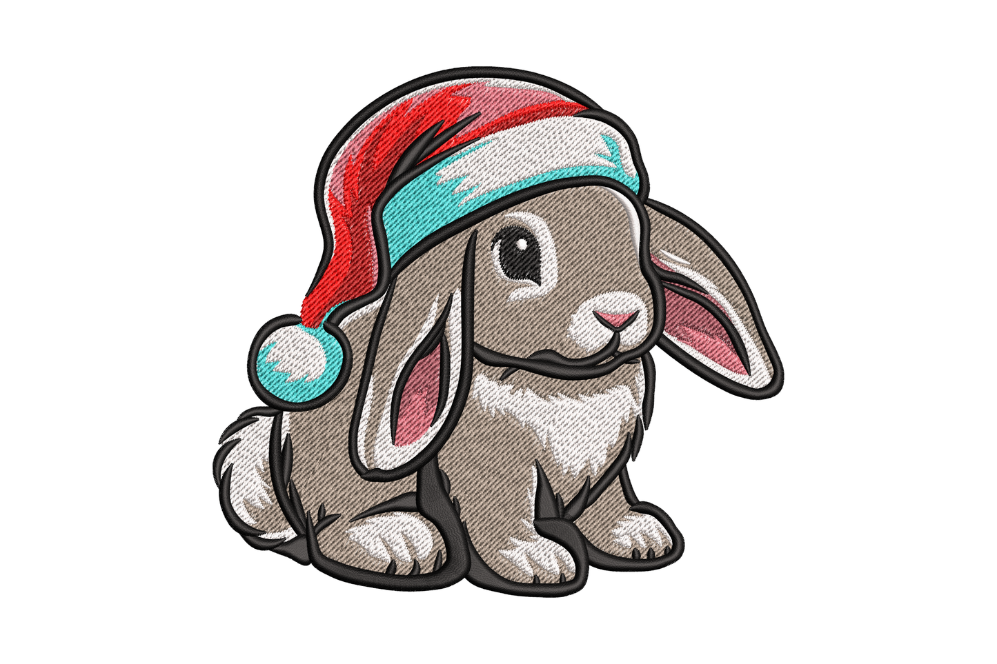 Christmas bunny embroidery design, lop-eared rabbit in red Santa hat with aqua trim, grey fur cartoon style, 8 colors