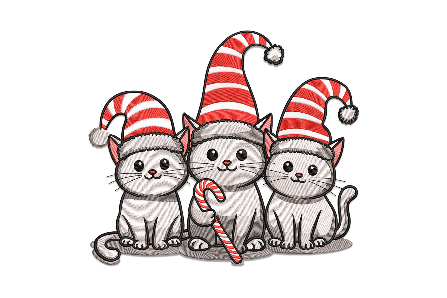 Machine embroidery design of three cartoon cats in striped Santa hats holding a candy cane, sketchy outline style in 5 colours.