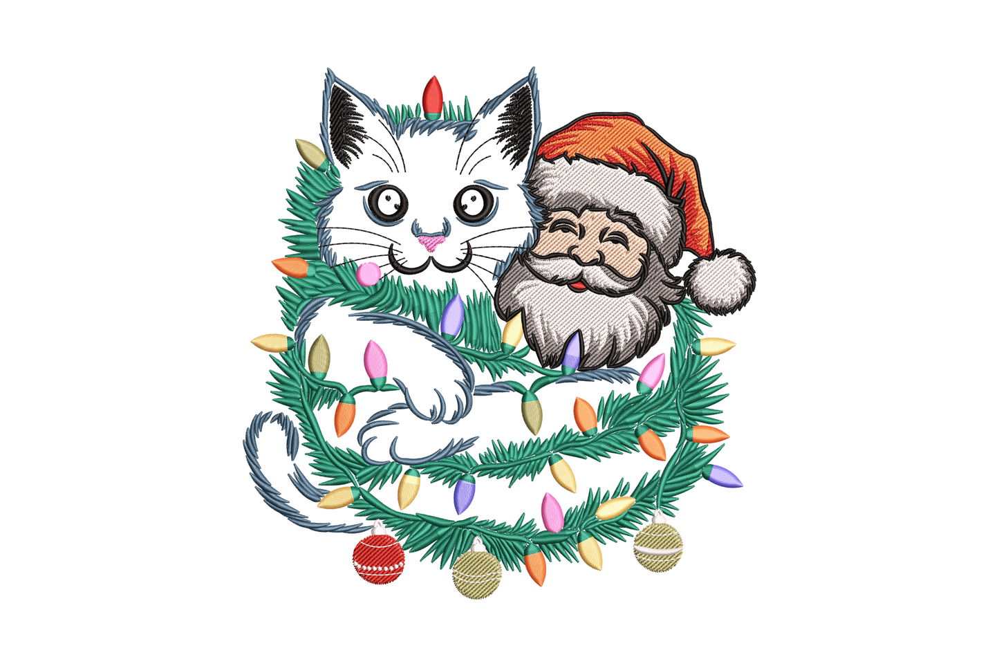 Christmas cat Santa embroidery design, wide-eyed cat tangled in Christmas wreath with Santa peeking in, 12 colors