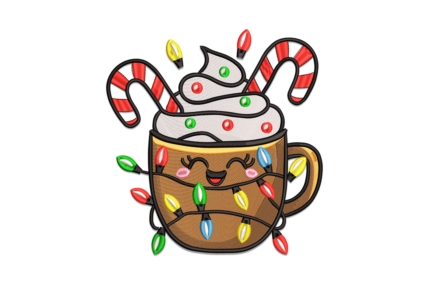 Christmas cocoa mug embroidery design with steaming hot chocolate, marshmallows, candy cane handle, and deep burgundy cup.