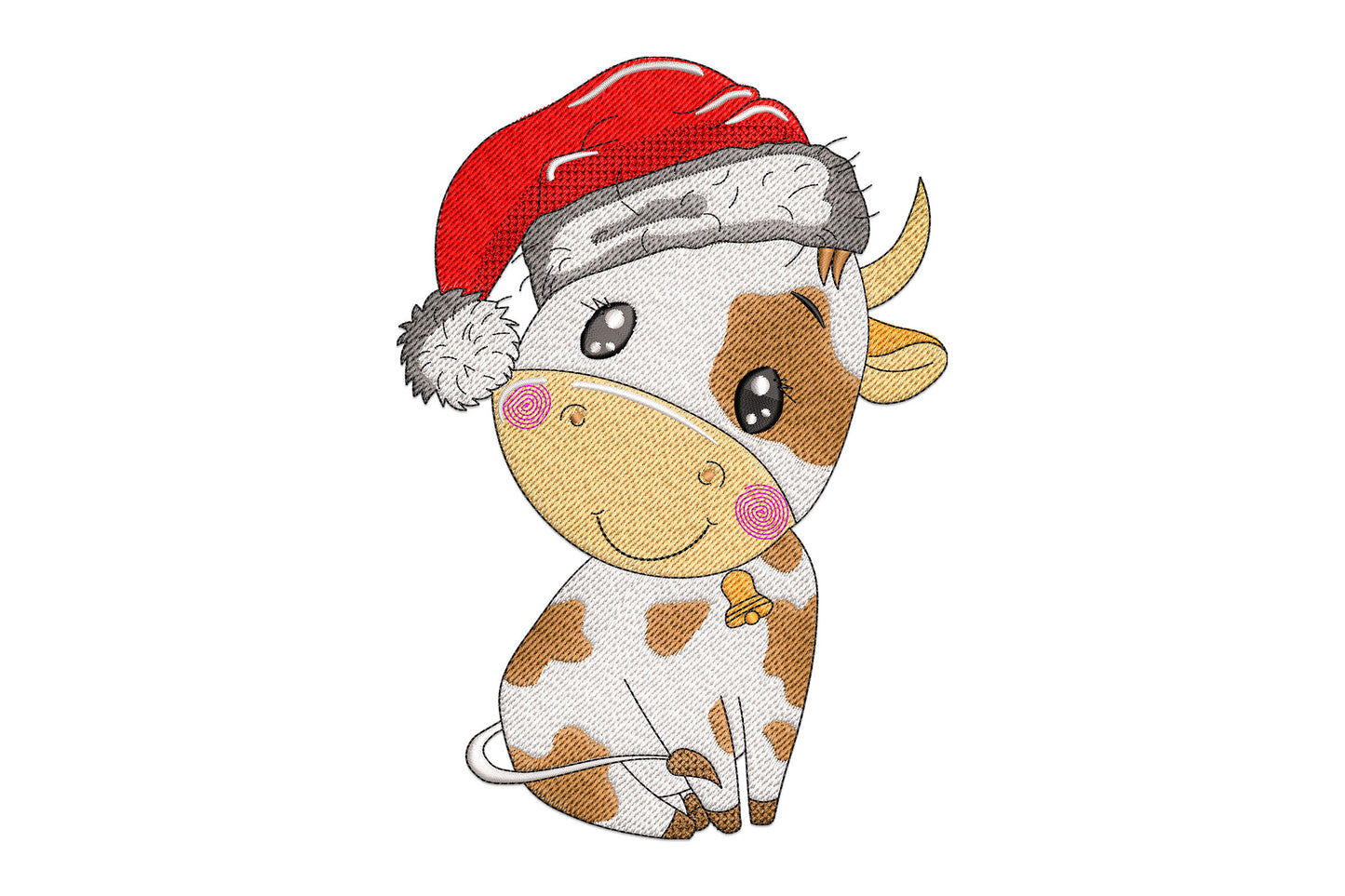 Christmas cow embroidery, round kawaii cow, white and brown body, red Santa hat with grey trim and orange chest bell.