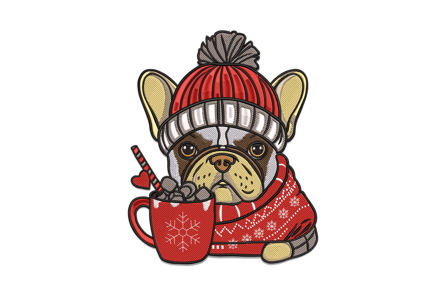 French bulldog in red knit beanie inside a red christmas mug, candy cane paw, snowflakes, 10-colour cartoon embroidery.