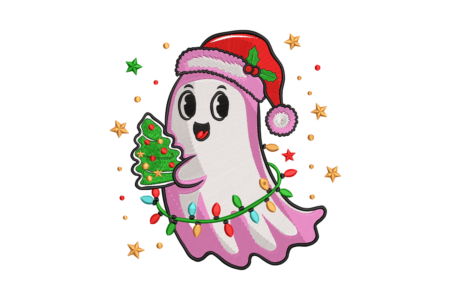 Cute christmas ghost embroidery wearing a santa hat and holding a mini tree, wrapped in fairy lights with gold stars, 7 colours.
