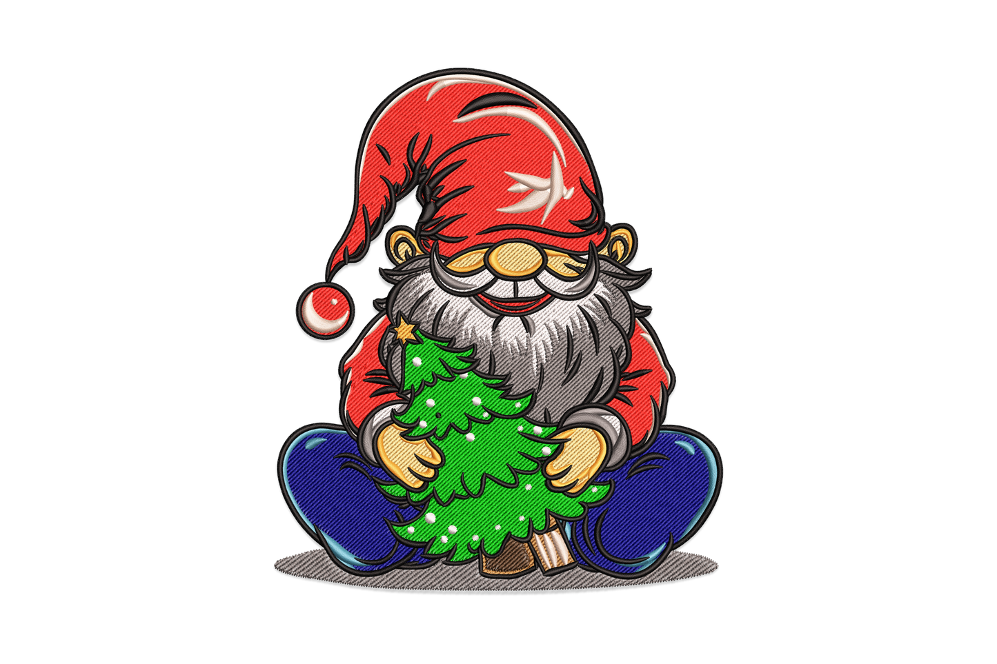Christmas gnome embroidery design, round gnome with tall red hat hugging a small decorated tree, seated cross-legged, 12 colours.