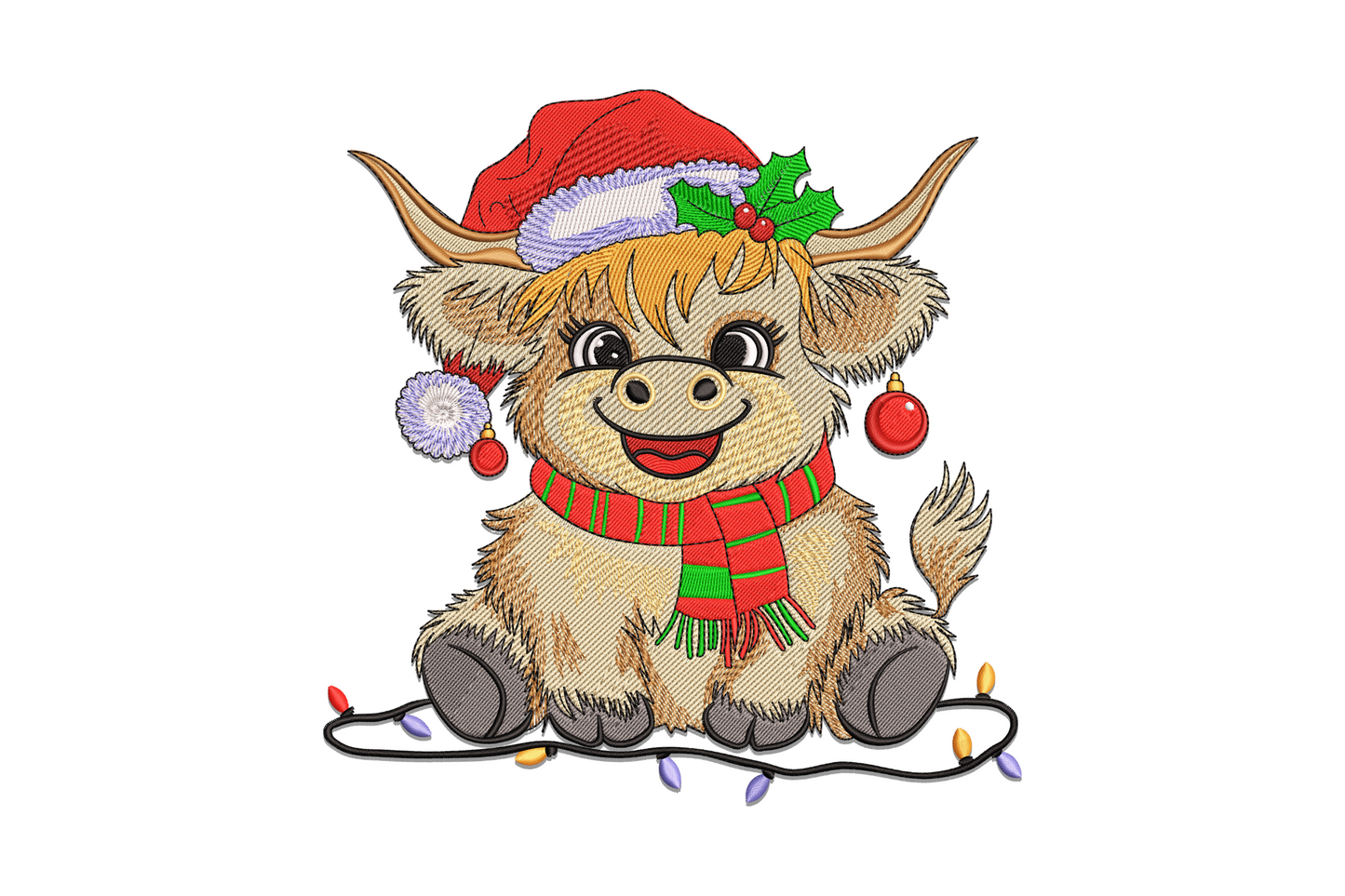 Machine embroidery design of a cute cartoon Christmas highland cow with shaggy fur wearing a red Santa hat with holly and snowflakes