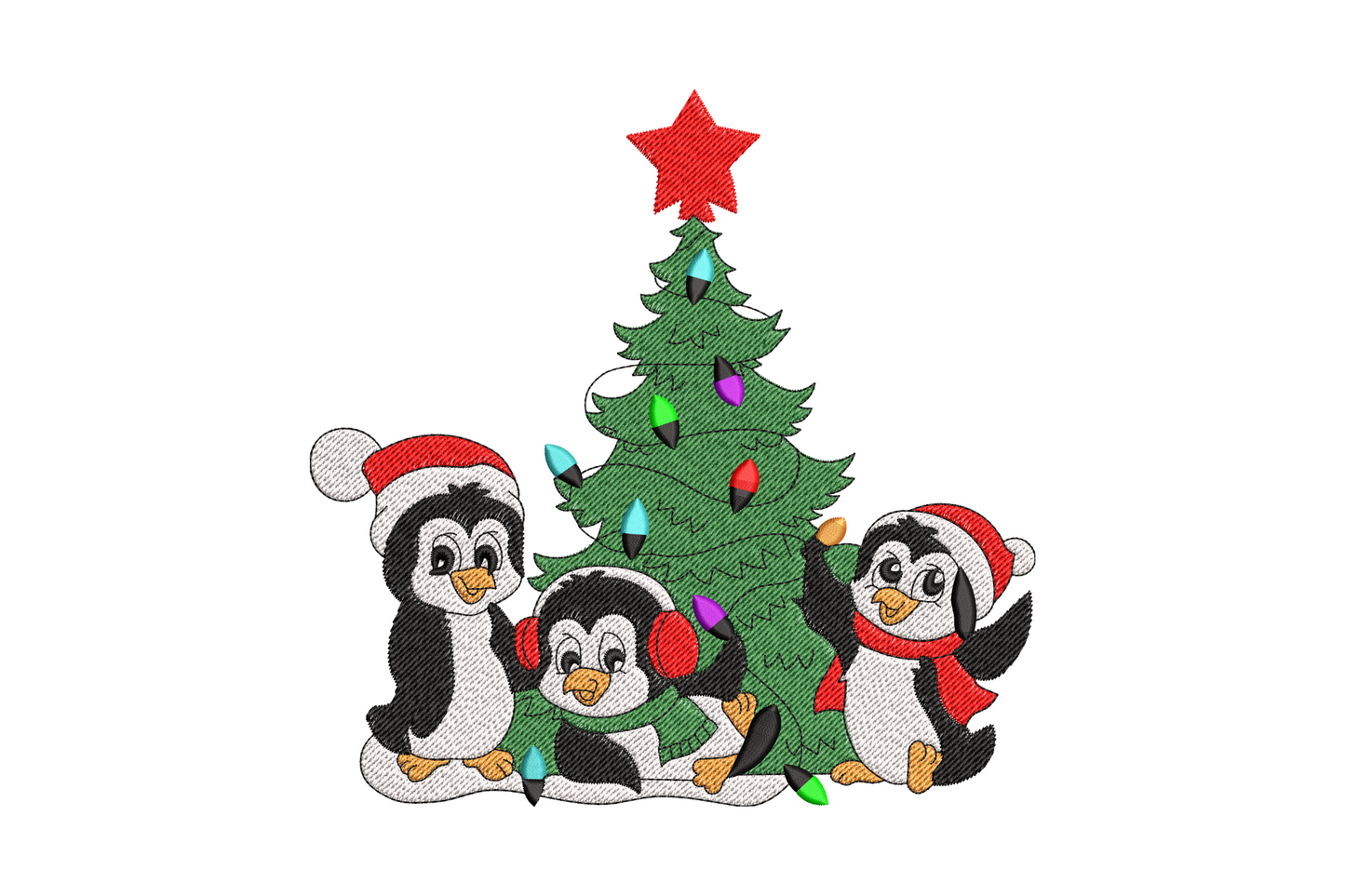 Two cartoon penguins decorating a christmas tree together, one holding a gold star, holiday embroidery design in 8 colours