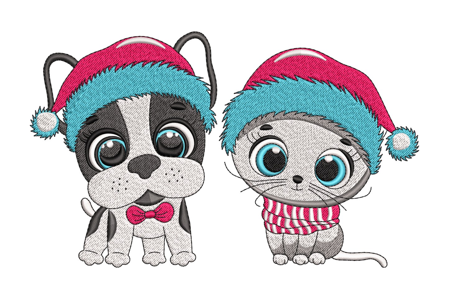 Chibi christmas puppy and kitten in matching red santa hats with teal fur trim, huge eyes, pink bow tie and striped scarf.
