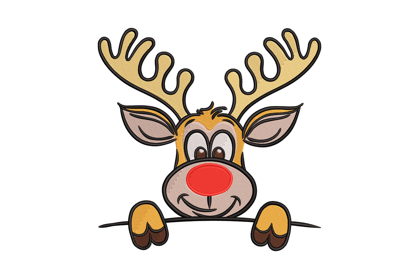 Cute Christmas reindeer face embroidery design with big eyes, red nose, and orange antlers, peeking over a ledge