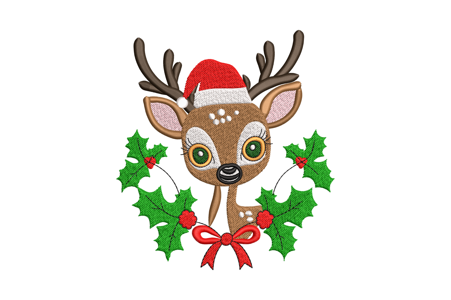 Cute reindeer face peering through a dark green holly wreath with red berries wearing a red santa hat, big green eyes and pink cheeks with red bow at the base