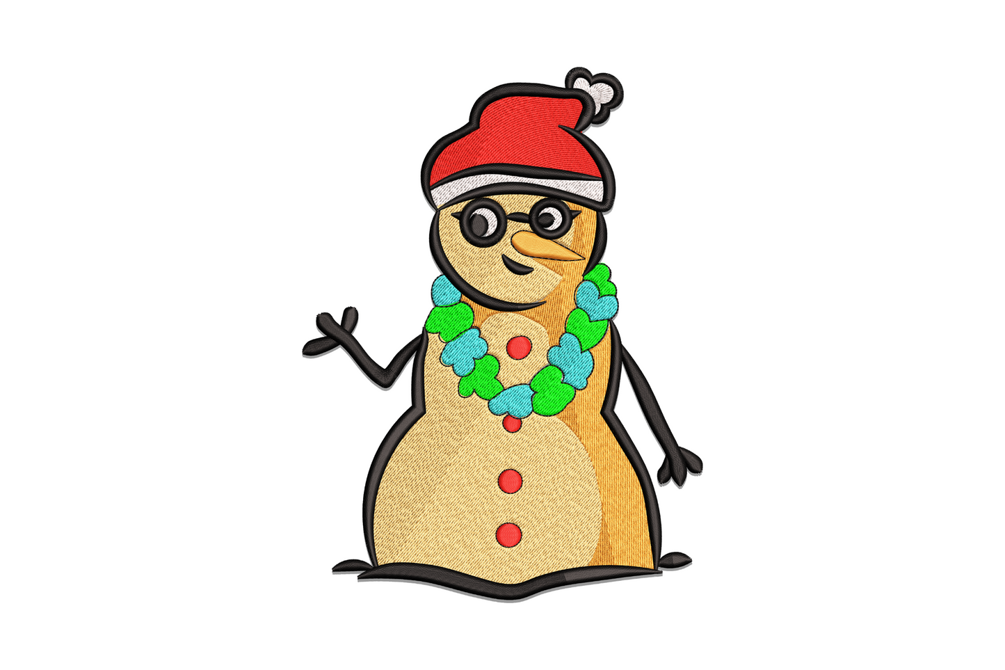 Cute cartoon Christmas snowman embroidery with red Santa hat, aqua and green garland necklace, 7 colors on sandy round body