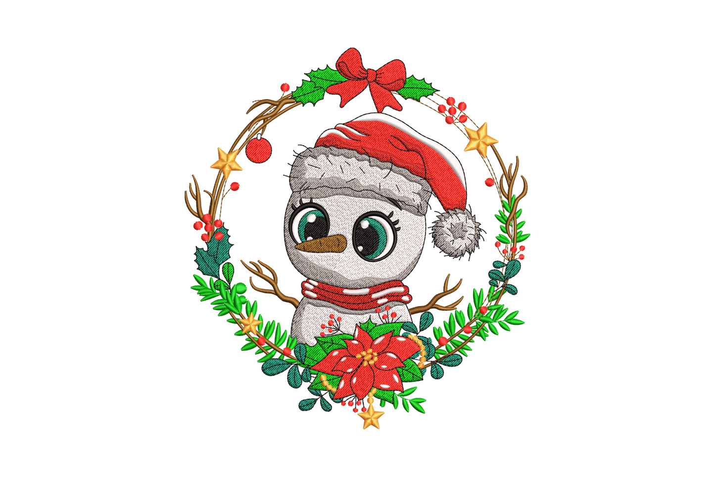 Christmas snowman wreath embroidery, chibi snowman in santa hat inside a branch wreath with red bow and poinsettia