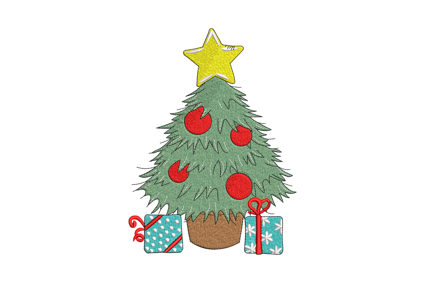 Cute Christmas tree with wrapped gifts at base, yellow star topper and red ornaments embroidery design in 7 thread colours on holiday apparel