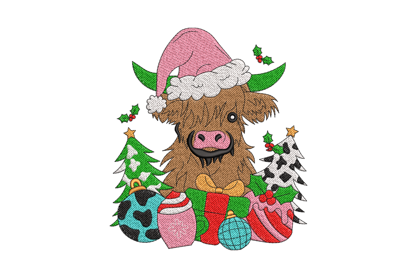 Cute cow in a red Santa hat holding Christmas ornaments, black and white cow face with green, red and gold baubles.
