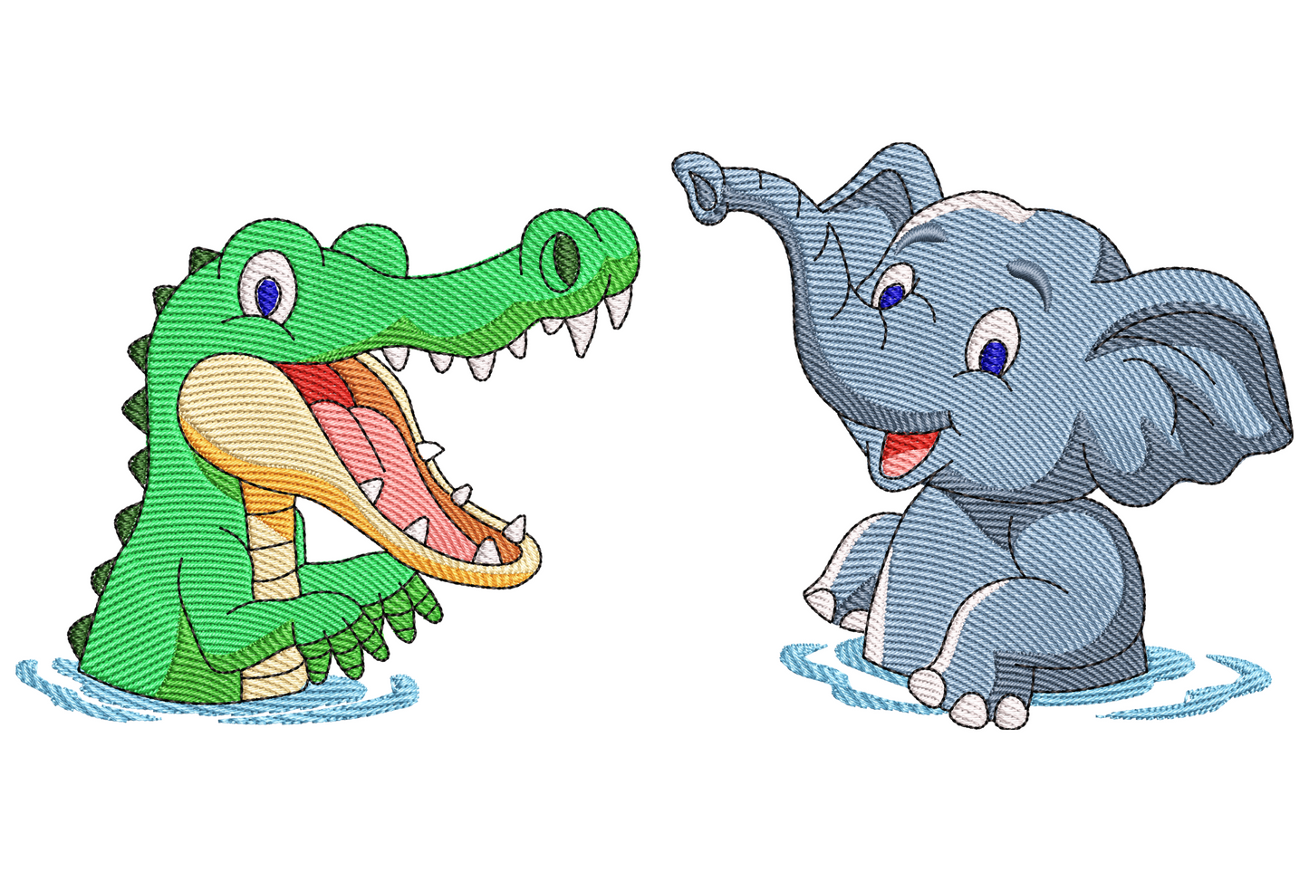 Cute crocodile and elephant embroidery design with mint green croc, soft grey elephant and an orange balloon on a string.
