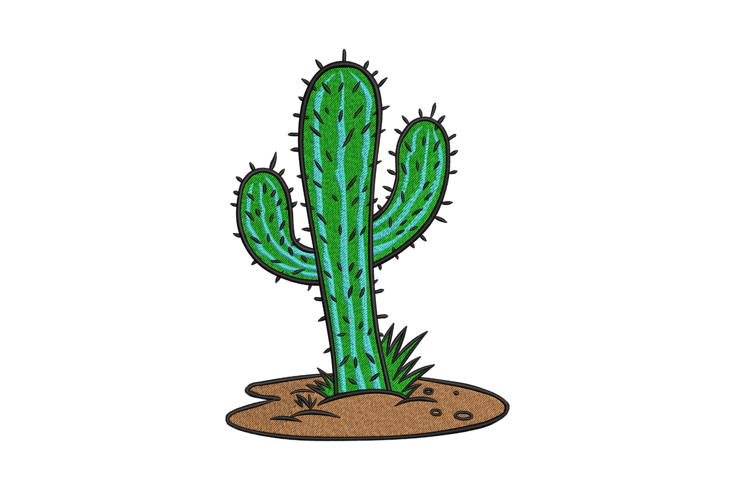 Desert cactus embroidery, tall saguaro with green shading and sandy earth base, 4 color realistic design