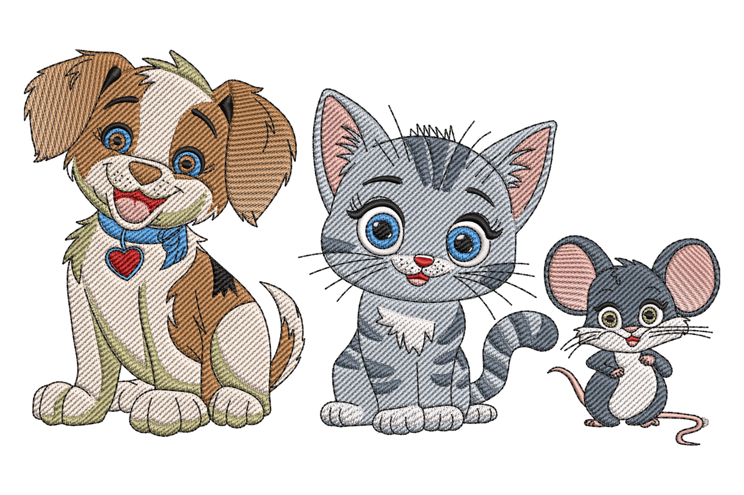 Cute dog cat mouse embroidery -- cream puppy with blue collar, grey tabby kitten and dark mouse, all with big blue eyes.