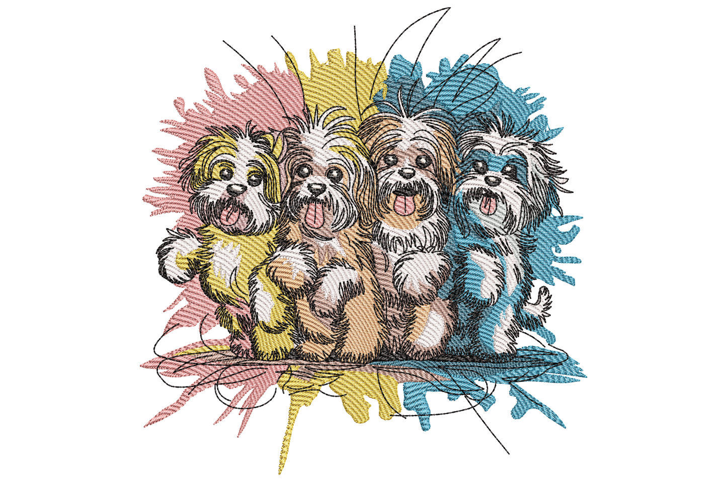 Three cartoon puppies grouped together with colourful paint splash spots in teal pink mustard coral lime, modern playful nursery embroidery design