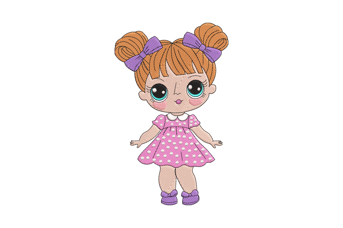 Doll girl embroidery design with orange bun hair, purple bows, teal eyes, pink polka-dot dress and purple shoes in a chibi LOL style.