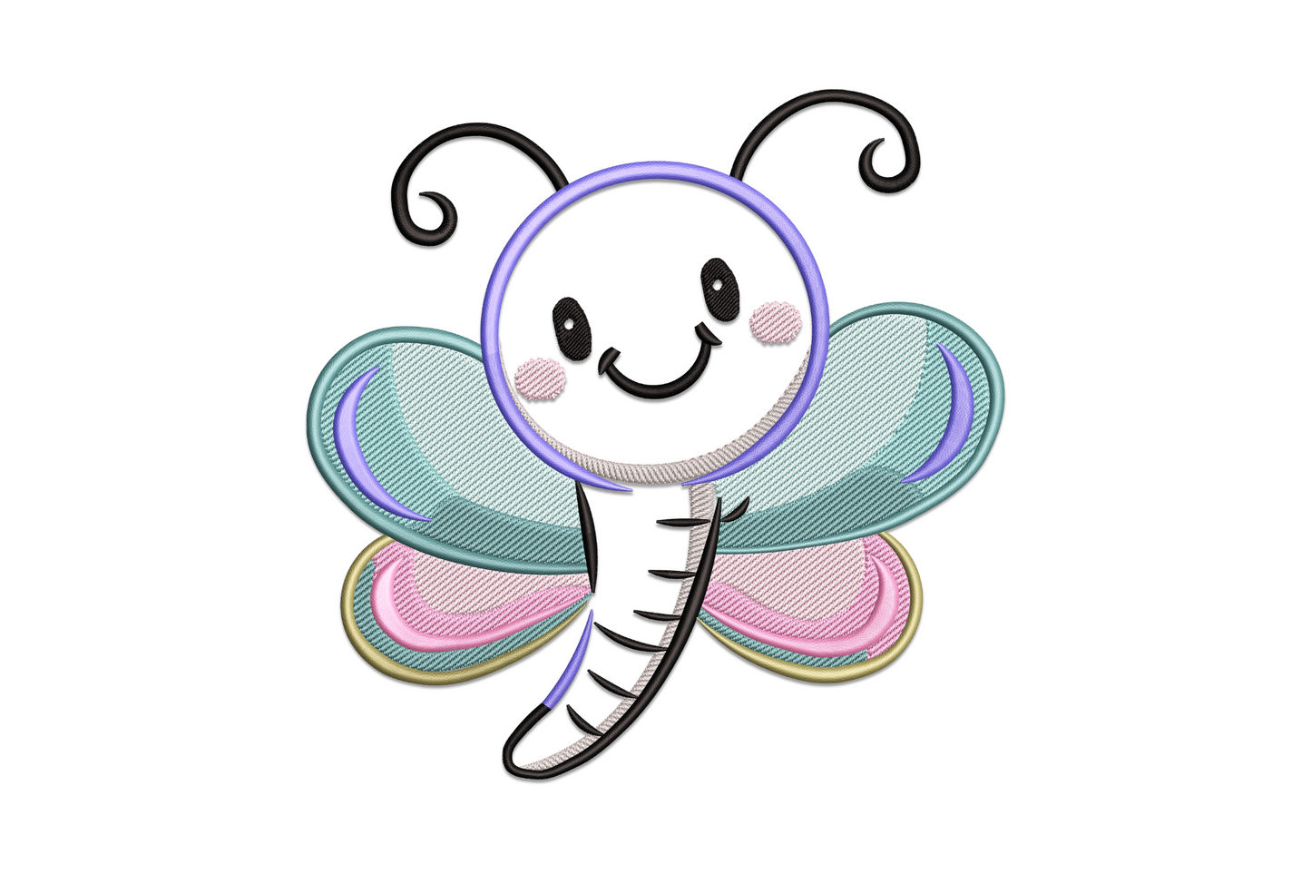 Cute cartoon dragonfly embroidery design in turquoise, lime green, and lavender with big round eyes and glassy wings