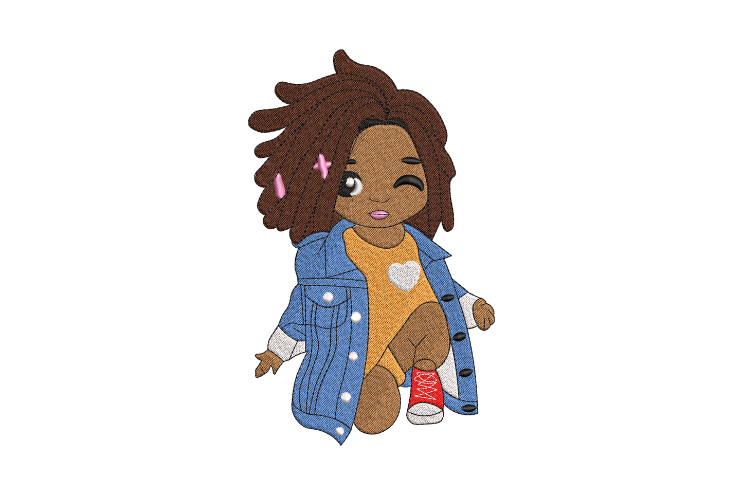 Dreadlocks girl in denim jacket machine embroidery design, chibi cartoon seated figure with lightning bolt hair pins and red sneakers, 5 sizes 3.5 to 7.5 inches, 8 colours