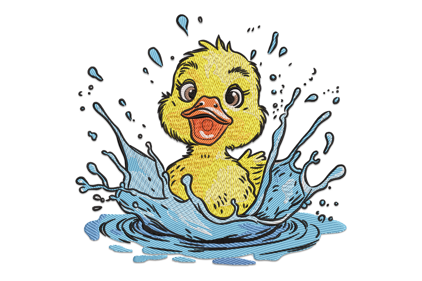 Cartoon yellow duck embroidery mid-splash with wings raised, orange beak, arc water shapes and droplets at the base, machine embroidery design on white background