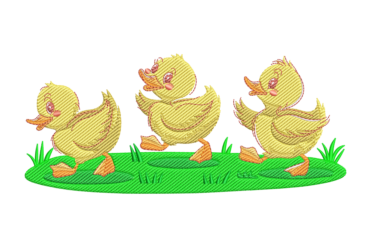 Cute ducklings family embroidery design showing three fluffy yellow ducklings waddling on a green pond with orange bills and grass tufts.