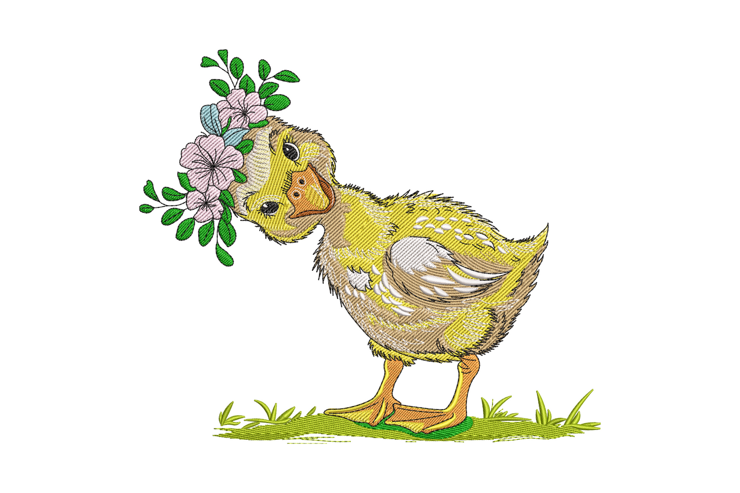 Fluffy yellow duckling embroidery with lavender flower crown, green leaf details and short grass base, pastoral soft style.