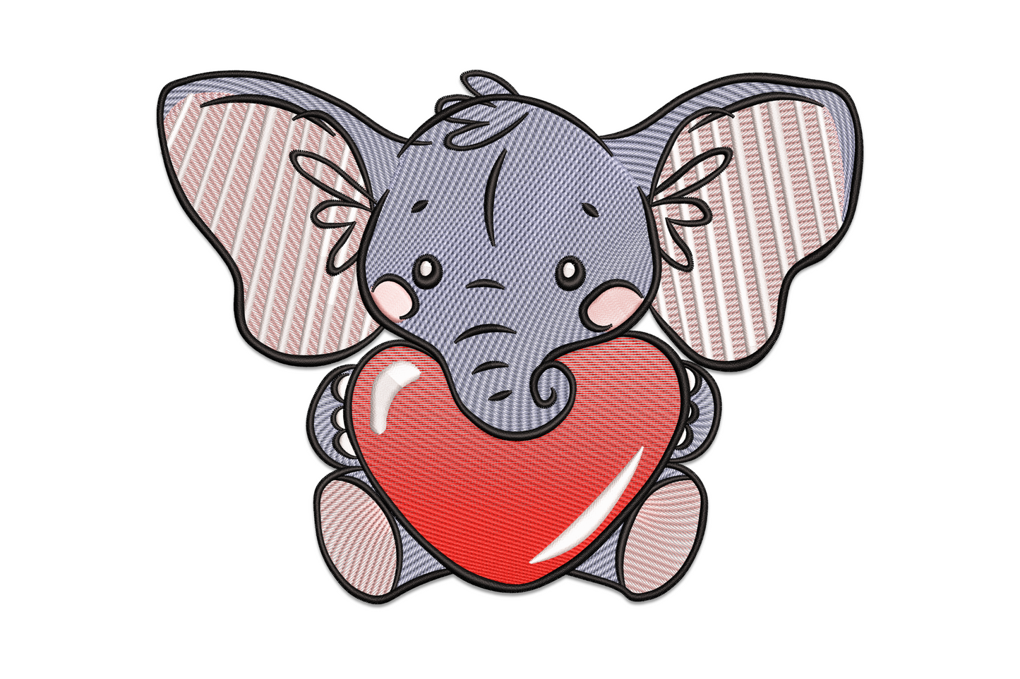 Cute baby elephant holding a red heart valentine embroidery design in slate grey with pink ears and a glossy heart swirl.