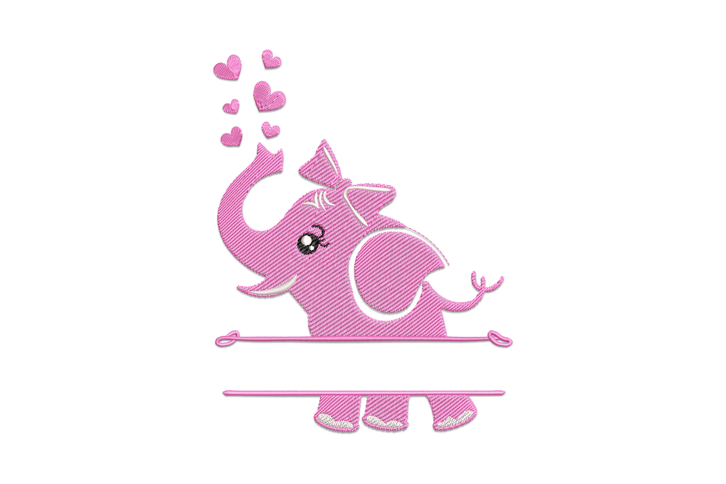 Cute elephant monogram embroidery design with heart balloons and name banner, hot pink and black, baby nursery style.