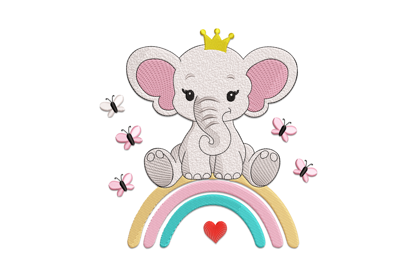 Cute baby elephant with gold crown sitting on a pastel rainbow embroidery design, with butterflies and a small heart, machine embroidery.